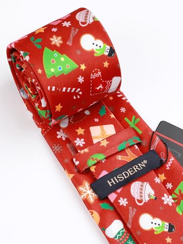 Image of HISDERN Christmas Ties for Men Holiday Tie and Pocket Square Cufflinks Festival Party Xmas Funny Silk Woven Necktie