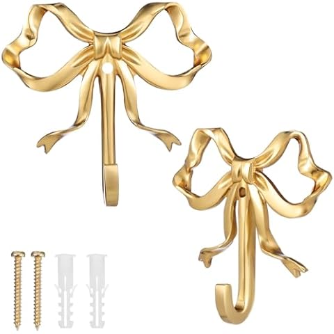 Gadpiparty 2Pcs Bow Hook Decorative Wall Hooks Bowknot Coat Hook Gold Towel Robe Hook Hanging Brass Hooks for Home Bedroom Bathroom Office Outdoor (2.63 inches) Cover