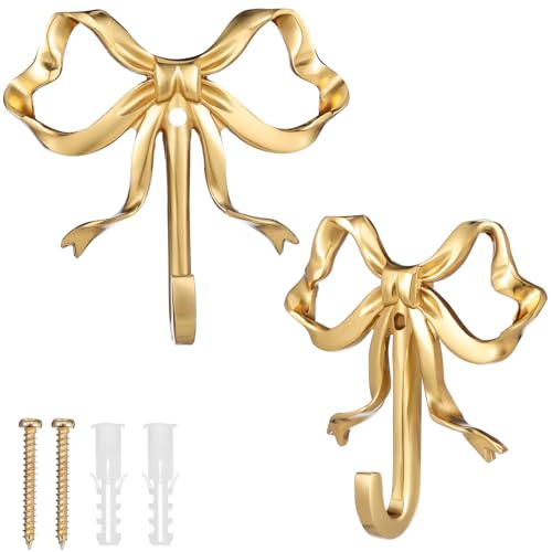 Gadpiparty Bow Wall Hooks 2 pcs Metal Wall Hooks for Hanging Towels Coats Bags Screw in Bathroom Hooks Decorative Hooks for Bedroom Kitchen 2.63 X 2.51 X 0.59 in