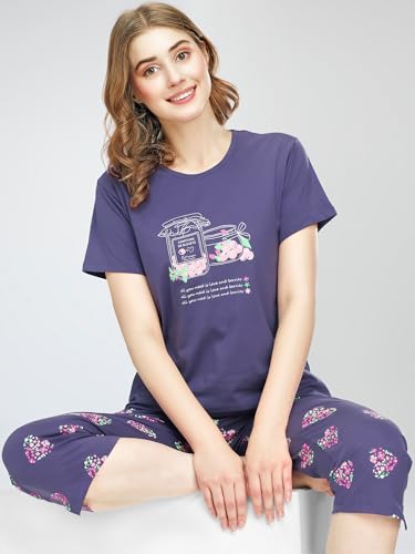 Image of ZEYO Night Suit for Women's Heart Printed Cotton Night Dress of Top and Capri Set 5747