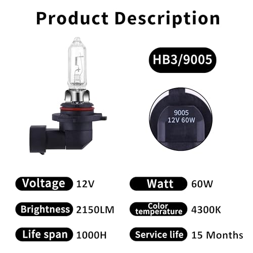 Image of 9005 Headlight Bulbs 200% brightness 4300K White 12V /60W HB3 9005 Bulb Halogen Long Life Replacement P20D (9005 /HB3, 2 Pack)
