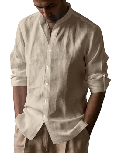 Mens Long Sleeve Shirts Casual Button Down Shirt Men Band Collar Slim Fit Linen Dress Shirts