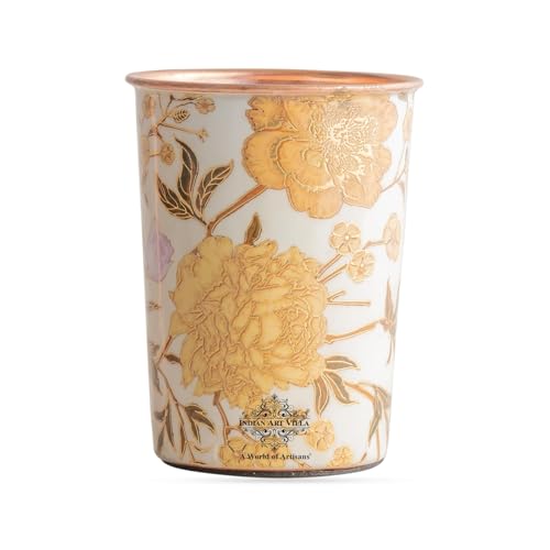 Image of INDIAN ART VILLA Copper Gold Flower Print Glass - 275 ML, Handcrafted Ayurvedic Copper Drinkware for Daily Use, Elegant Water Glass for Home, Office, and Special Gifting, Set of 1