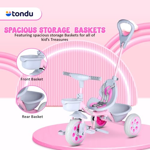Image of TONDU Kiddo Tricycle for Kids /Baby with Storage Basket | Seat Belt with Parental Control Baby Tricycle (Pink)