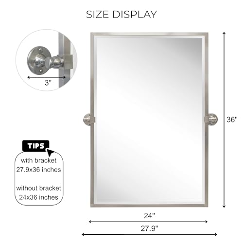Image of TEHOME 28.5 x 36 inch Brushed Nickel Metal Framed Pivot Rectangle Bathroom Mirror in Stainless Steel Tilting Beveled Vanity Mirrors for Wall