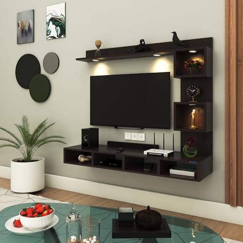 Image of Anikaa Kirina Engineered Wood Wall Mount TV Unit with LED Lights TV Cabinet TV Entertainment Unit Set Top Box Stand (Wenge) (Ideal for 43 Inch)(D.I.Y)