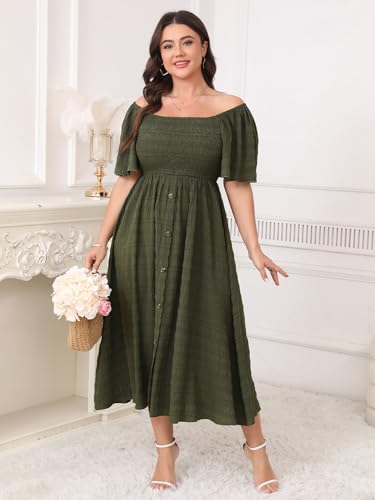 Image of Plus Size Casual Maxi Boho Dress for Curvy Women Short Sleeve Square Neck Smocked Summer Beach Dresses Button Down