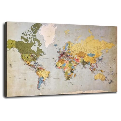 Feimioco Póster de mapa para pared, lienzo de viaje, póster global para el hogar, juego de 1 decoración con marco de 24 x 16 pulgadas