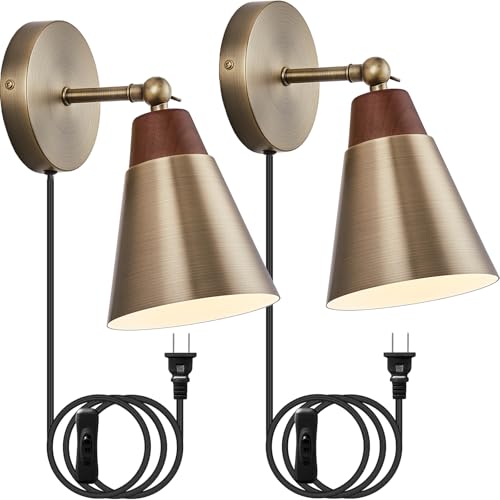 Image of Wall Sconce Set of 2, Wall Sconce with Metal Shade, Plug Switch, Indoor Decor Wall Mount Swing Arm Lamp for Bedroom,Hallway,Living Room,Reading, Vintage Brass