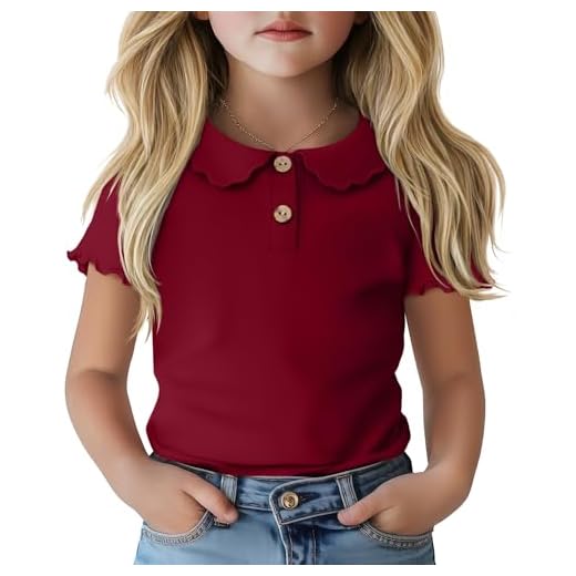 YooAurvox Girl's Doll Collar Shirts Short Sleeve Ruffle Button Down Tops Solid Color Casual School Uniform Blouse 5-14 Years(5-6 Years,Wine Red)