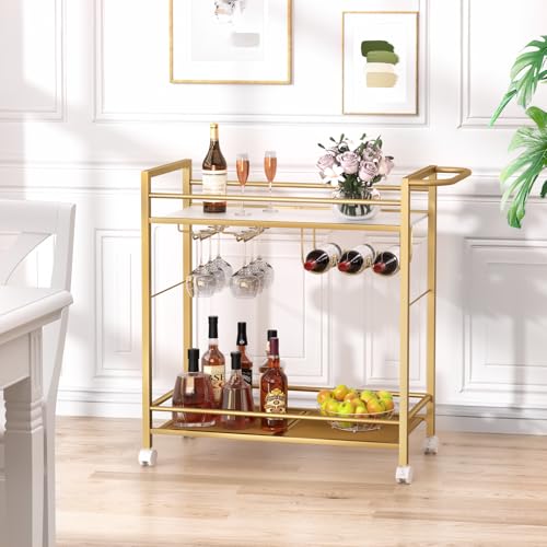 Image of Joaxswe Bar Cart w /Wheels,Home Bar Serving Cart w /Storage Shelves,Gold | 2 Tier Rolling Beverage Cart,Modern Wine Cart w / Wine Rack and Glass Holder for Kitchen, Living Room,Dinning Room