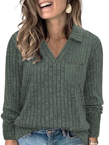 Image of VISLILY Womens-Plus-Size-Tops Collared V Neck Polo Shirts Lightweight Long Sleeve Sweaters Trendy Pocket Decor Tunic Blouses
