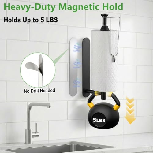 Image of KIHOGEM Magnetic Paper Towel Holder for Fridge Stainless Steel | Paper Towel Holder Magnetic with Gravity-Weighted Arm, Kitchen Paper Towel Holder with 2 Metal Plates for Wall, Cabinet, RV