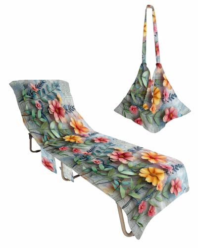 Floral Beach Lounge Chair Towel Cover, Soft Chaise Lounge Towel with Side Pockets Patio Pool Chairs Cover for Beach/Pool Sunbathing 29x85 Shabby Chic Newspaper Flower Leaf Watercolor