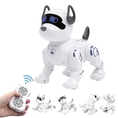 Teksbar Interactive Robot Dog Toy, Remote Control & Voice Activated, Programmable Dancing Puppy, Electronic Pet for Kids Ages 5-13, White/Blue