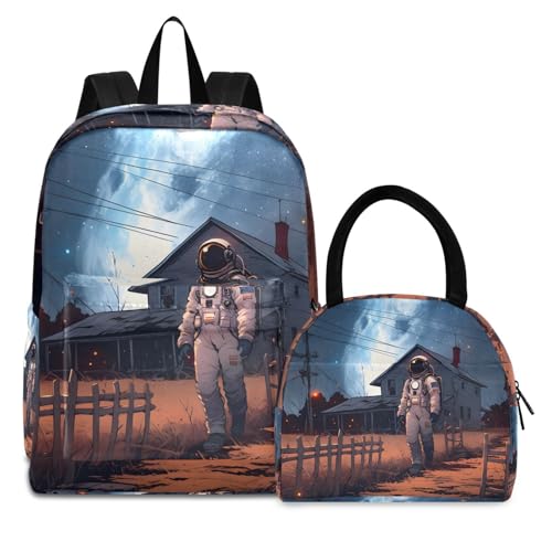 Astronaut at Farm Print Backpack Set with Lunch Bag, Large Capacity Travel Backpacks and Lunch Box Insulated for Commute Hiking Picnic