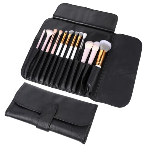 Schwarze Make-up-Pinseltasche, Leder-Make-up-Pinselhalter für Reisen, tragbar, faltbar, Make-up-Pinseletui für Damen und Mädchen, Reise-Aufbewahrungs-Organizer
