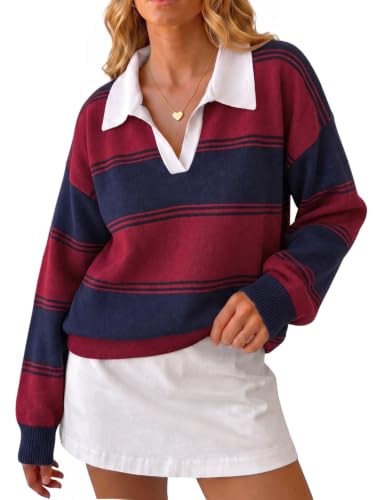 Cicy Bell Women Striped Sweater Polo V Neck Long Sleeve Pullover Knit Tops