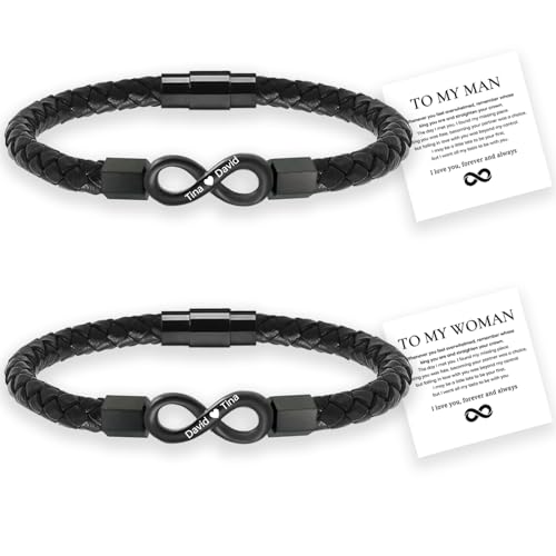 Matching Couple Love Promise Bracelet, to My Man/Woman Bracelet, Personalized Dual Name Infinity Leather Bracelet, Custom Name Stainless Steel Braided Cuff Bracelet for Men/Women (Black + Black)