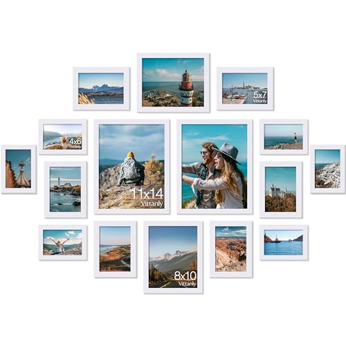 Image of Vittanly Picture Frames Set of 16, Gallery Wall Frame Set with 2Pcs 11x14, 2Pcs 8x10, 6Pcs 5x7 and 6Pcs 4x6 Photo Frames, Picture Frames Collage Wall Decor for Wall or Tabletop Display, White