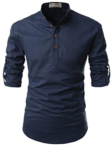 TheLees (NKN350 Transform Roll-Up Sleeve Mandarin Henley Neck Linen Shirts Navy US XL(Tag Size XL)