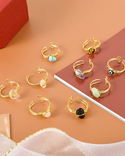 9 PCS Healing Crystal Ring, Adjustable Wire Wrapped Rings Irregular Gemstone Rings Set for Women4