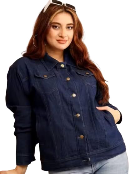 Navy Blue Woman long 100% Cotton Denim Relaxed Trucker Jacket 29700-picture-40