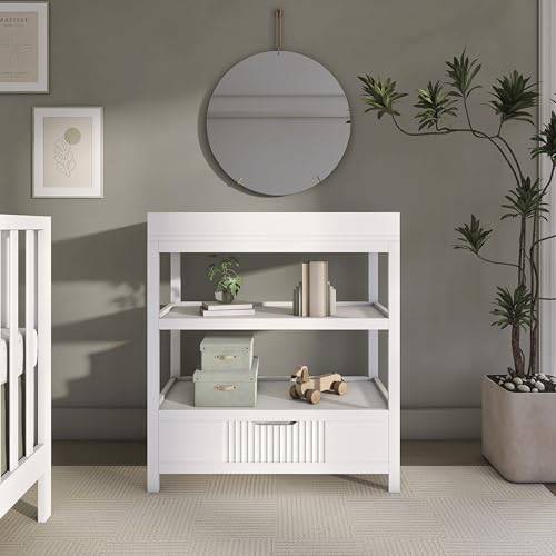 Image of Dream On Me Ivy Baby Changing Table - Compact Modern Changing Station with Spacious Drawer & 2 Open Shelves, New Zealand Pinewood, Easy-to-Clean Non-Toxic Finish, Space-Saving Nursery Storage - White