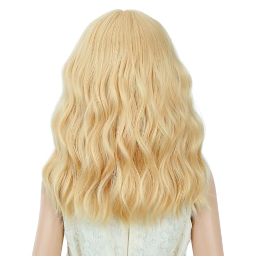 Image of PATTNIUM Light Blonde Wig for Kids Girls Short Butter Blond Curly Wigs with Bangs Shoulder Length Wavy Heat Resistant Synthetic Wig