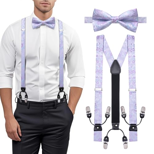Image of YOHOWA Men Suspenders 6 Clips Strength Adjustable Y Braces Pre-Tied Bow Tie Set Formal Wedding Party