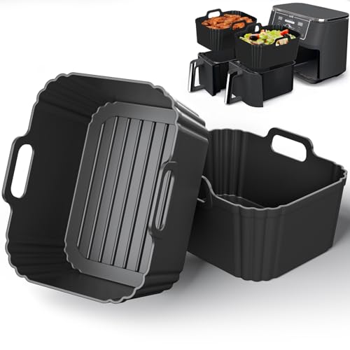 Image of 10QT Large Thickened Silicone Air Fryer Liners 2 Pack for Ninja Foodi Dual Zone DZ550 DZ401 DZ550GY DZ302, Reusable 2-Basket Trays, 6-in-1 DualZone Airfyer Accessories