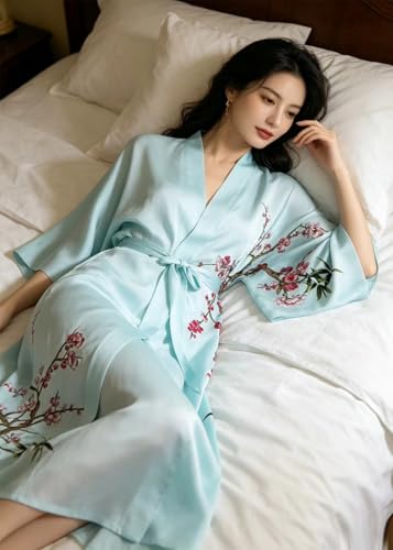 Image of Women's Classic 100% Silk Kimono Robe, Bathrobe-Printed Pattern