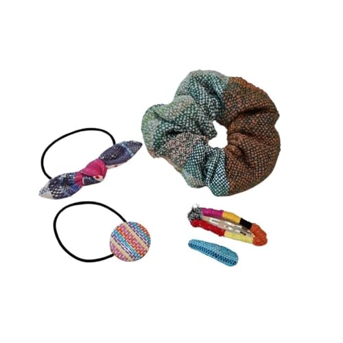 さをり織り レディース5点セット ヘアゴム くるみボタン リボンゴム シュシュ ヘアピン 手作り プレゼント おまかせ 1点物
