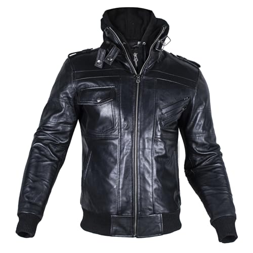 Image of Hooded Leather Jacket For Men | Bomber Leather Jacket Mens with Removable Hood