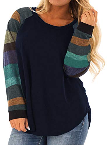 Rosriss RPS2010NB-20W Plus Size Tunic For Women Striped Colorblock Long Sleeve Tee Shirt Navy Blue 20W cover
