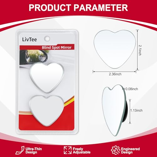 Image of LivTee Blind Spot Mirrors, Heart Shaped HD Glass Frameless Convex Rear View Mirrors, Wide Angle Adjustable Stick for Side Mirror, Automotive Exterior Accessories for Car, SUV & Trucks, Pack of 2