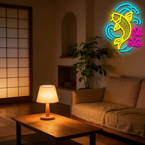 Image of Koi Fish Neon Sign for Wall Decor Japanese LED Light for Man Cave | Dimmable, japanese style wall art, living room decor, bar ornament, party decor, ideal birthday gift, size 13.7*12.2 In
