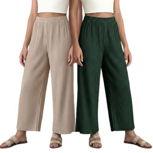 Image of Set of Combo Trouser and Pants for Girls and Women's Relaxed Fit Stretchable Regular Fit Palazzos Lightweight Elastic Waistband Bottoms for Daliy Office & Casual Wear