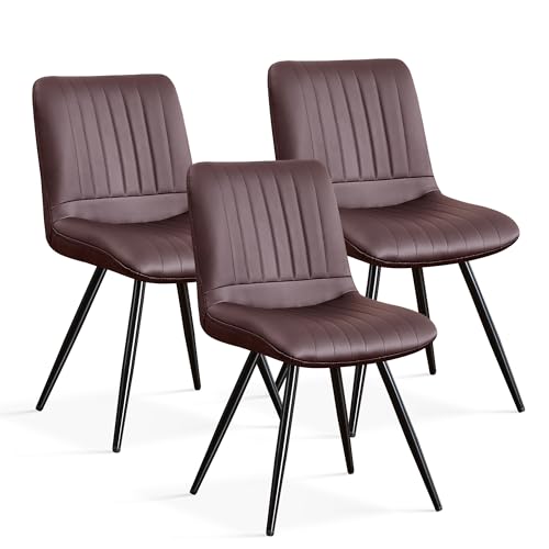 Image of Dining Chairs Set of 3, Modern Dining Chairs with Thick Cushions, PU Leather Upholstered Kitchen Dining Room Chairs with Metal Legs for Dining Living Room (Dark Brown)
