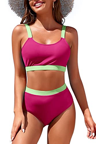 Image of Womens High Waisted Bikini Sets Sporty Crop Top Color Block Swimwear Bandeau Scoop Neck Vintage Two Piece Bathing Suits