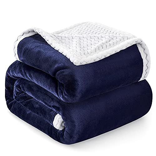 Familybox Manta Reversible de Franela Sherpa Manta para Cama Suave Manta para Hogar, Oficina, Viaje (Azul Marino, 220×240cm)