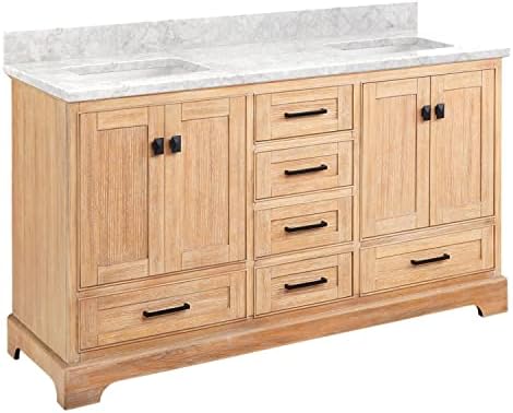 Signature Hardware 483465 Quen 60" Free Standing Double Basin Vanity Set with Cabinet, Vanity Top, and Undermount Sink - No Faucet Holes - Driftwood Brown/Carrara Marble