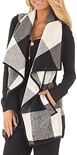 Women's Color Block Lapel Open Front Sleeveless Plaid Vest Cardigan with Pockets