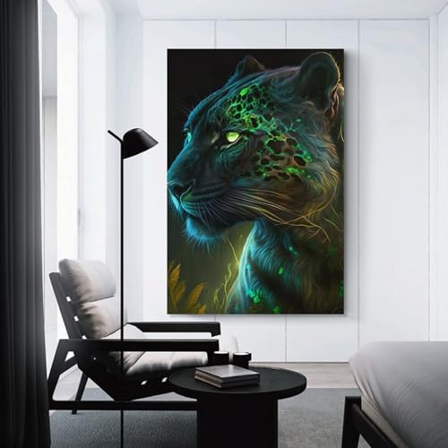 Neon Leopard Portrait Décoration Murale Prête À Accrocher Châssis Bois
