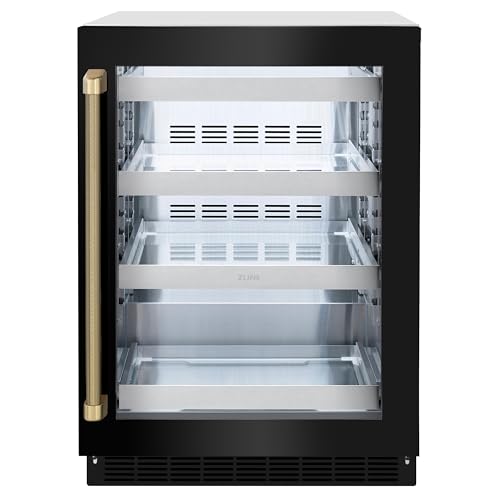 Image of ZLINE Autograph Edition 24 in. Touchstone 151 Can Beverage Fridge with Black Stainless Steel Glass Door and Champagne Bronze Helix Handle (RBSOZ-BS-24-KCB)