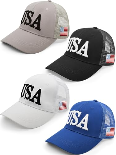 Image of 4Pcs USA Hats for Men Patriotic Hat Embroidered American Flag Baseball Cap | Classic USA Hat & USA Cap Set | 100% Cotton | American Flag Hats for Men Women | Adjustable Baseball Cap for Daily Wear