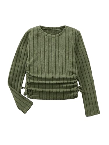 Milumia Girl's Ribbed Knit Ruched Long Sleeve T-Shirts Knot Crew Neck Tee Shirt Tops