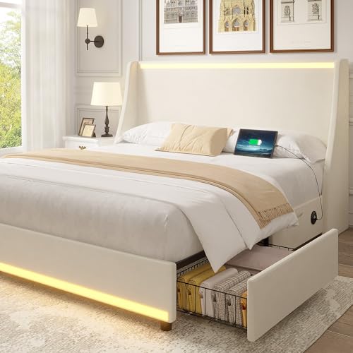 VECELO Queen Size Bed Frame with Storage Drawers, Upholstered Platform Bedframe with Wingback Headboard, No Box Spring Needed, Beige by VECELO - Used condition - US$163.08