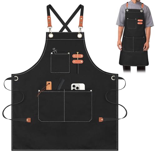 AYESY Aventais de lona, aventais para homens e mulheres, 68 x 99 cm, avental de cozinheiro, com 3 bolsos, alças cruzadas ajustáveis avental de ganga para cozinhar ao forno e jardinagem artista, Preto