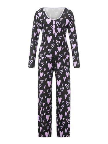 Felcia Women's 2 Piece Valentines Day Pyjamas Romantic Love Heart Print Long Sleeve Tops Matching Pants Pjs Set Loungewear (A-Black, L)